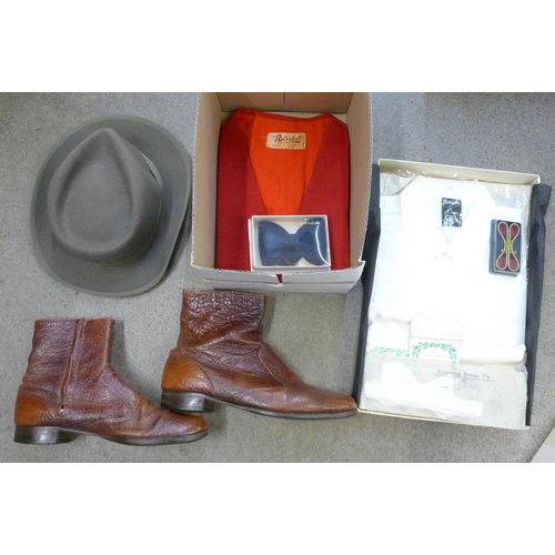 738 - A collection of clothing, including a ceremonial waistcoat with brass buttons, 1970s Grenson boots s... 