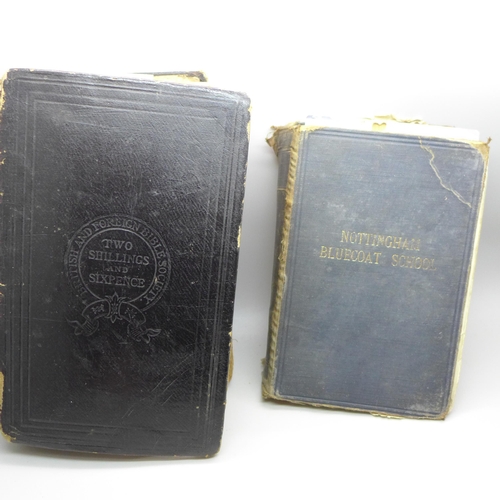 768 - Two Bibles, one embossed Nottingham Bluecoat School on the cover and one marked British and Foreign ... 