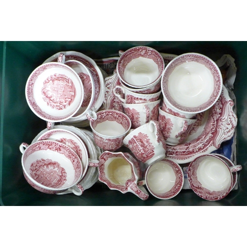 786 - Two boxes of Mason's Vista Pink transferware pottery, tea and dinnerwares **PLEASE NOTE THIS LOT IS ... 