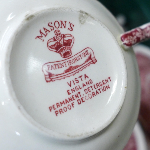 786 - Two boxes of Mason's Vista Pink transferware pottery, tea and dinnerwares **PLEASE NOTE THIS LOT IS ... 