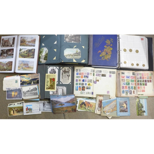 786B - A collection of stamps, postcards and a binder containing international coinage