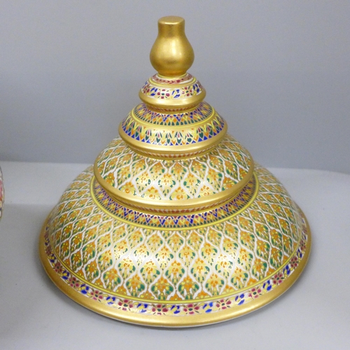 793 - Two Thai Benjayong lidded vases and one other larger lidded vase, 31cm with colourful enameled detai... 