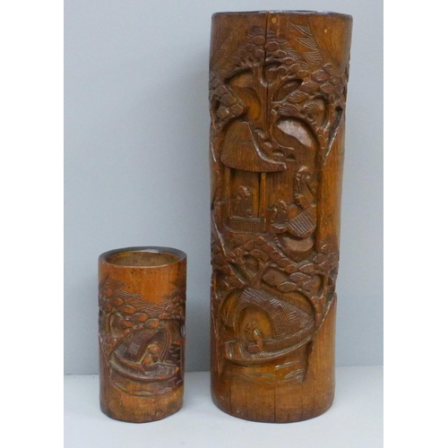 795 - Two Chinese carved bamboo brush pots, tallest 37.5cm