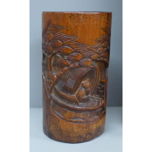 795 - Two Chinese carved bamboo brush pots, tallest 37.5cm