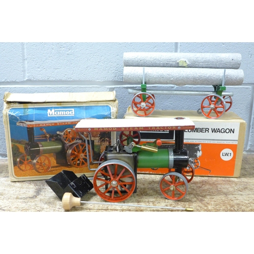 801 - A Mamod TE1A steam tractor with accessories and instructions and a Mamod LW. 1 Lumber Wagon, both bo... 