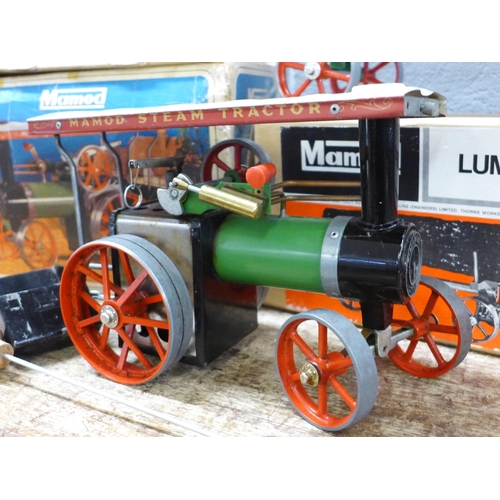 801 - A Mamod TE1A steam tractor with accessories and instructions and a Mamod LW. 1 Lumber Wagon, both bo... 