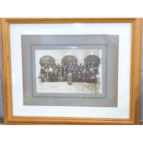 805 - A framed and mounted photograph of a brass band, possibly military