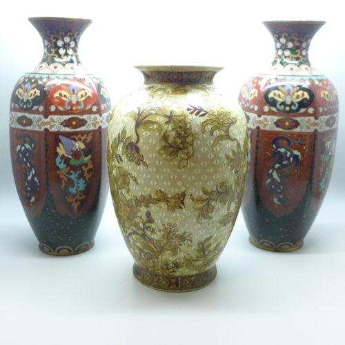 808 - A pair of Chinese cloisonne vases, 24cm and a Chinese pottery vase