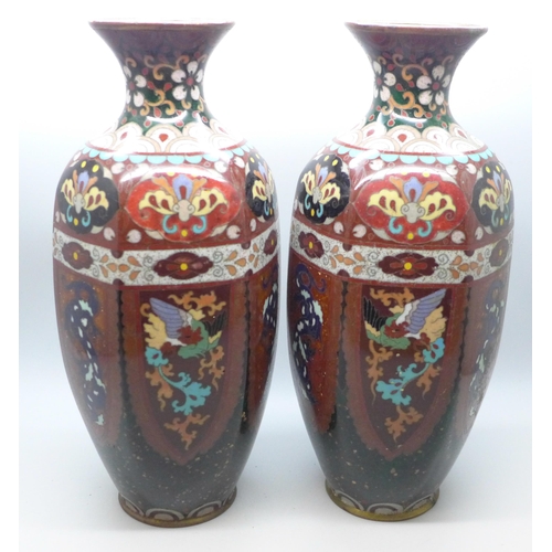 808 - A pair of Chinese cloisonne vases, 24cm and a Chinese pottery vase