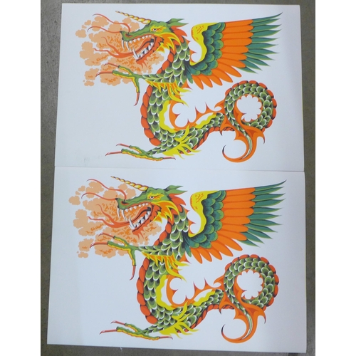 818 - Two Lithographic dragon prints from the 1970's, printed on high quality linen back paper, (A2 size)