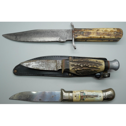 820 - Three knives including one marked Original Bowie Knife