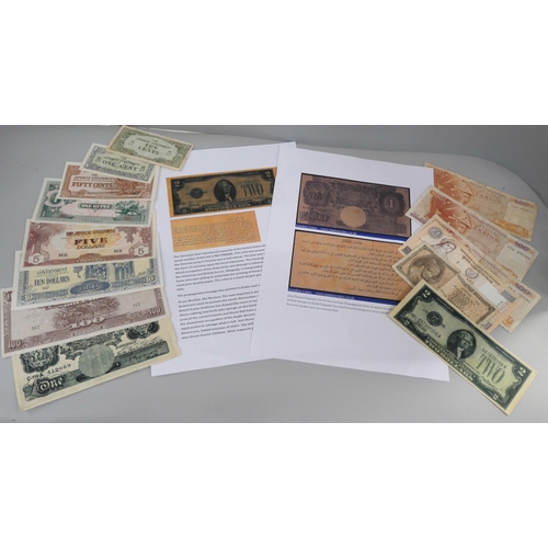 832 - A collection of bank notes including propaganda money - £1 sterling and 2 dollar bill and seven inva... 