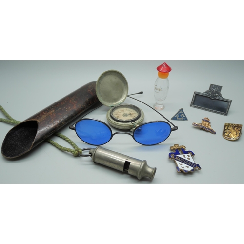 834 - A pair of spectacles with blue lenses and case, a Boy Scouts whistle, a pocket compass, badges, etc.