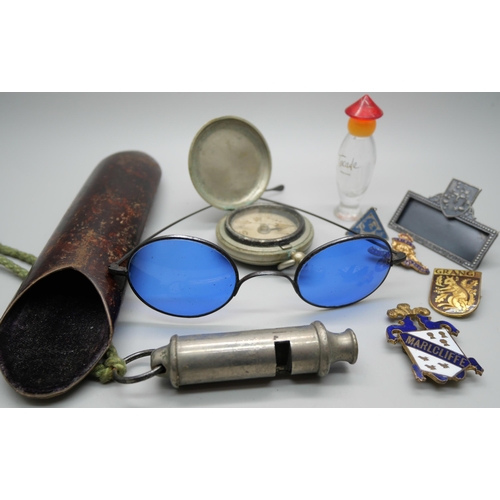 834 - A pair of spectacles with blue lenses and case, a Boy Scouts whistle, a pocket compass, badges, etc.