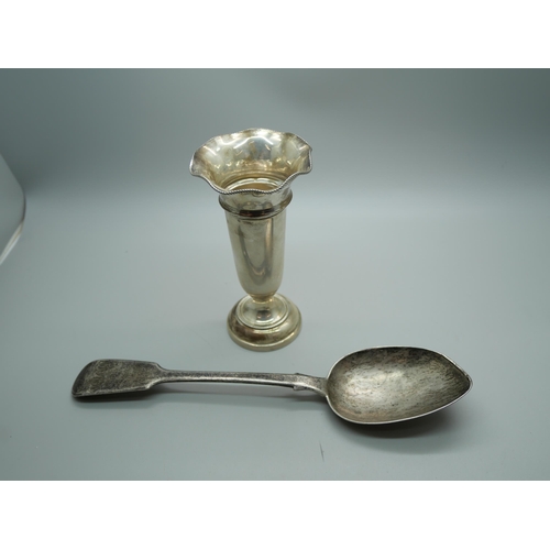 835 - A Victorian silver spoon, a/f, 74g, and a silver vase, vase 12cm