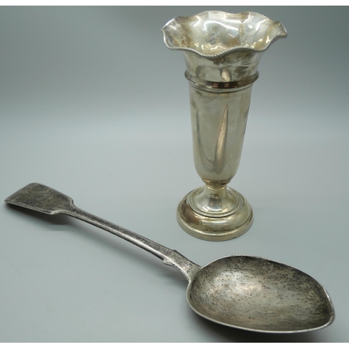 835 - A Victorian silver spoon, a/f, 74g, and a silver vase, vase 12cm