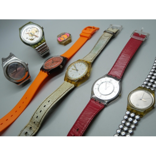 845 - Seven Swatch wristwatches including an automatic skeleton example