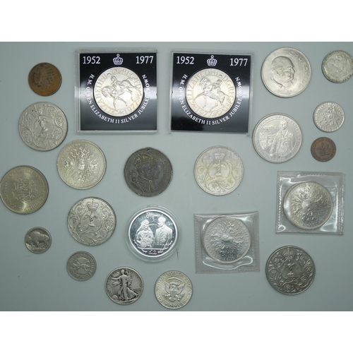 846A - A collection of commemorative crowns, a German 1938 2 mark coin, three USA coins, etc.