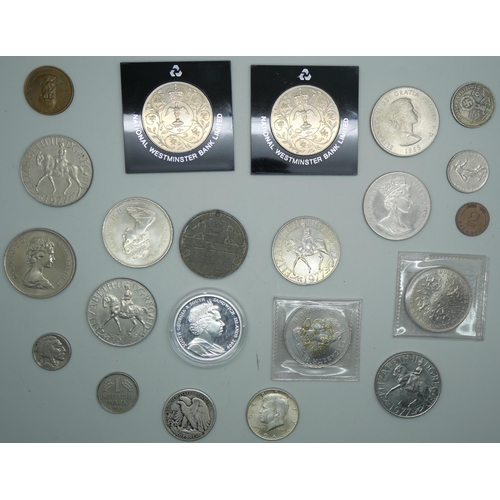 846A - A collection of commemorative crowns, a German 1938 2 mark coin, three USA coins, etc.