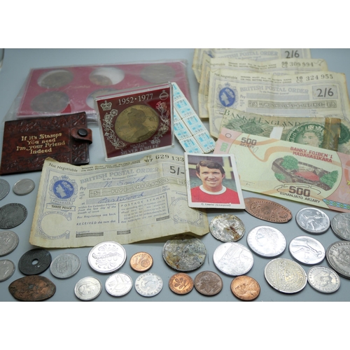 849 - A collection of coins, banknotes and stamps