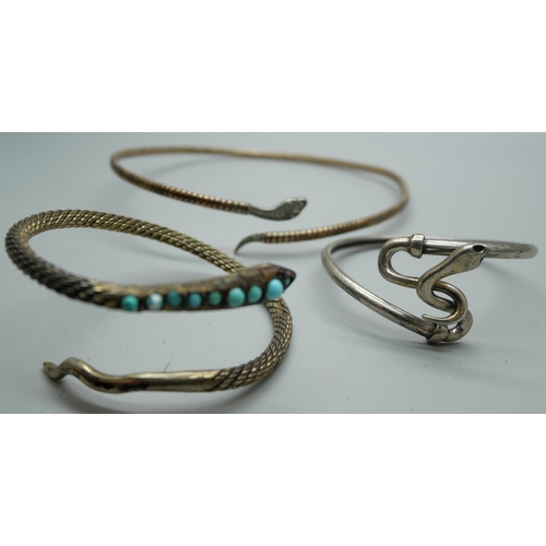 855 - A rolled gold snake choker and two silver snake bracelets, (one with continental mark)