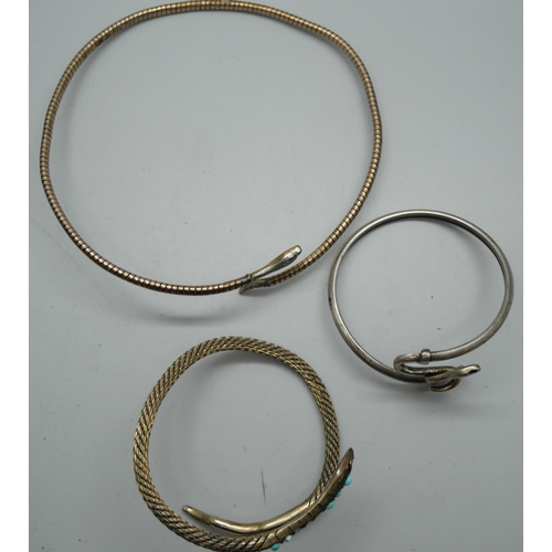 855 - A rolled gold snake choker and two silver snake bracelets, (one with continental mark)