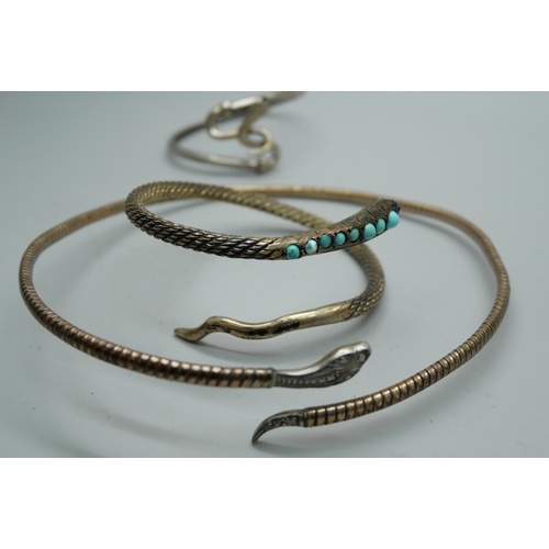 855 - A rolled gold snake choker and two silver snake bracelets, (one with continental mark)