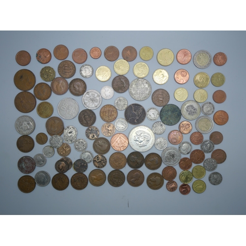 856 - A collection of coins, British and foreign, 62g of 1920 to 1946 half silver coins