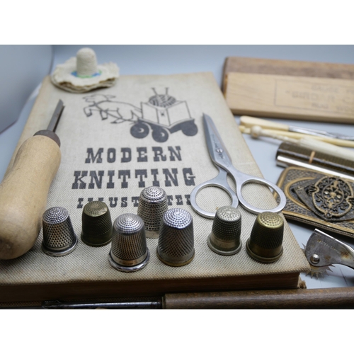 860 - A collection of sewing items including bakelite rug cutter, three silver thimbles including Charles ... 