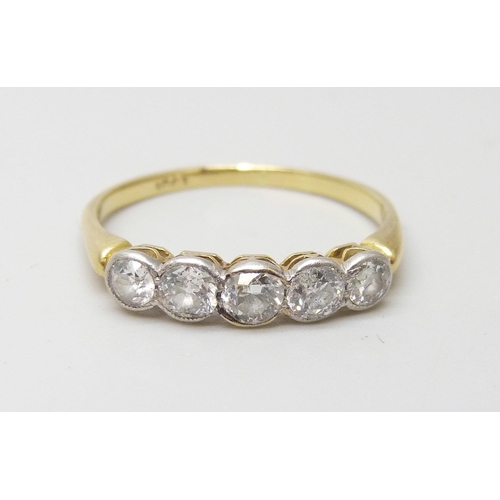 870 - An 18ct gold five stone diamond ring, 2.4g, Q, 0.65ct diamond weight