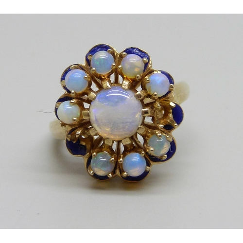 871 - A 14k gold, opal and blue enamelled ring, two missing opals, 8g, P