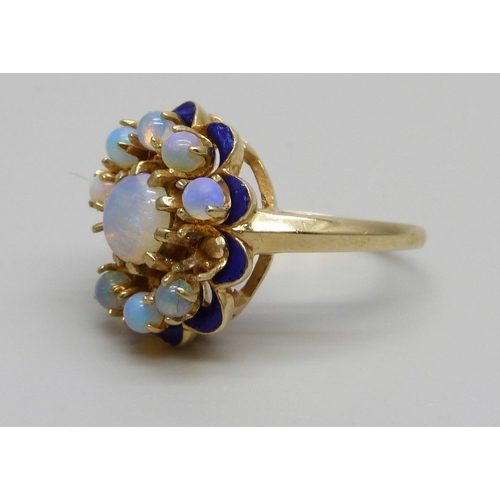 871 - A 14k gold, opal and blue enamelled ring, two missing opals, 8g, P