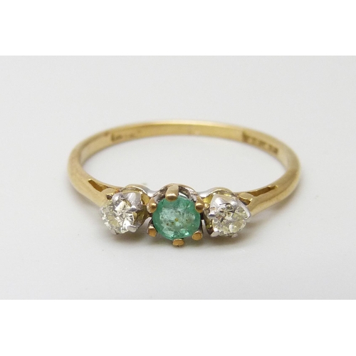 879 - An 18ct gold, emerald and diamond ring, 1.9g, O