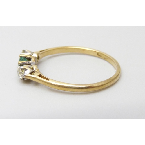 879 - An 18ct gold, emerald and diamond ring, 1.9g, O