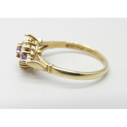 881 - A 9ct gold, opal and amethyst cluster ring, 2.2g, R