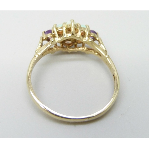 881 - A 9ct gold, opal and amethyst cluster ring, 2.2g, R