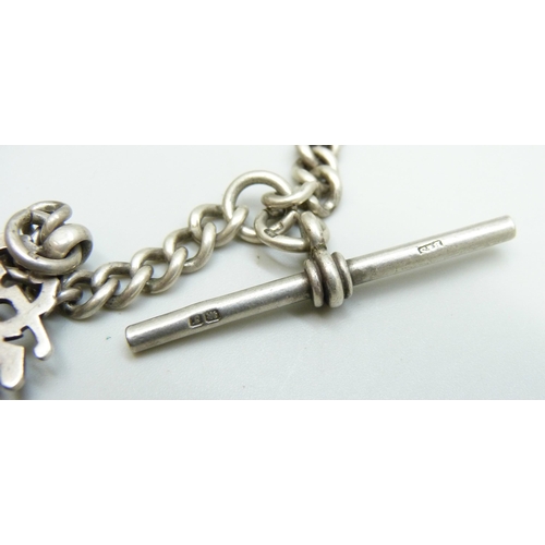 886 - A silver Albert chain and fob, each graduated link marked, 48g, 29cm from clip to T-bar