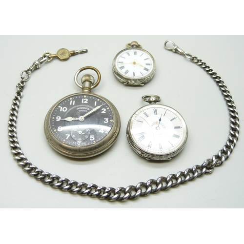 890 - A graduated curb link silver Albert chain, 37g, two silver fob watches and an Ingersoll pocket watch... 