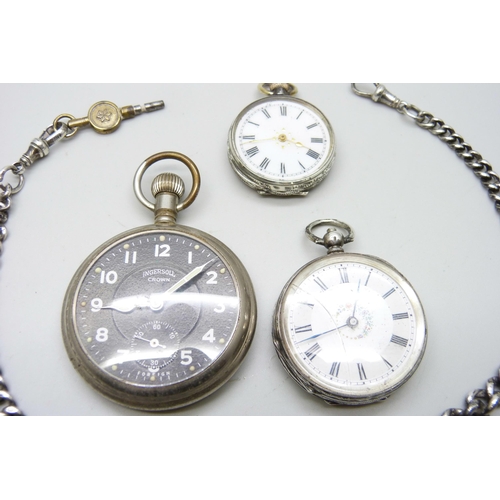 890 - A graduated curb link silver Albert chain, 37g, two silver fob watches and an Ingersoll pocket watch... 