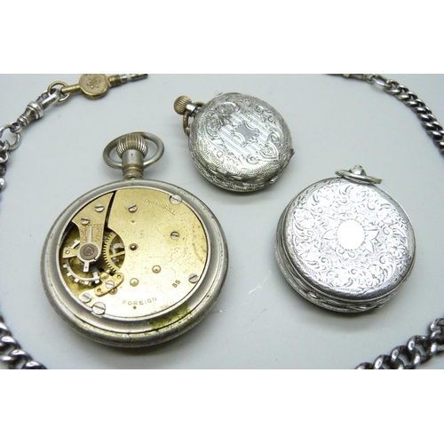 890 - A graduated curb link silver Albert chain, 37g, two silver fob watches and an Ingersoll pocket watch... 