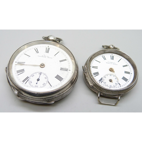 891 - A silver Waltham pocket watch, Birmingham 1890 and a silver fob watch, a/f