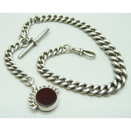 892 - A silver Albert watch chain, graduated curb links, with a silver set agate swivel fob, 73g, clip to ... 