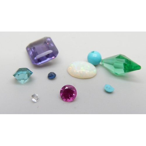 898 - Unmounted gemstones, sapphire, aqua, turquoise, ruby, garnet, opal, topaz (7.95mm x 9.95mm, 3.85 ct)... 