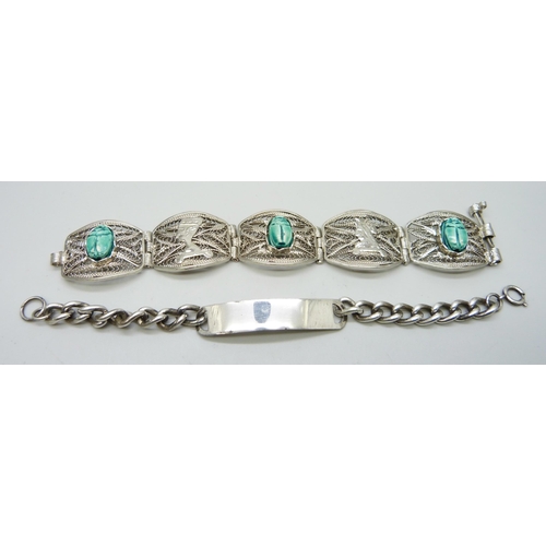 900 - An Egyptian scarab beetle bracelet and a silver Identity bracelet, (ID bracelet 23g)