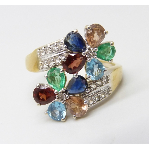 911 - A silver gilt multi-gem set double cluster ring, R/S