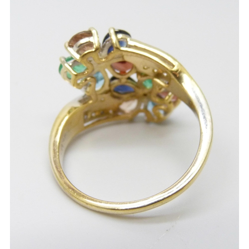 911 - A silver gilt multi-gem set double cluster ring, R/S