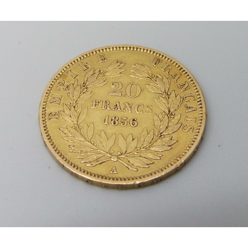 924 - An 1856 French 20 francs gold coin, 6.5g