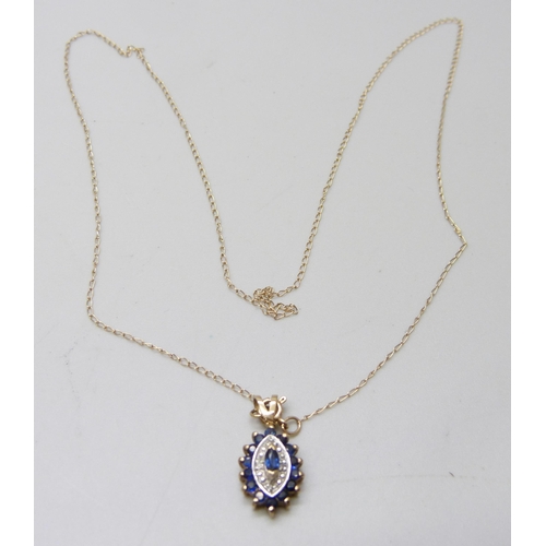 933 - A 9ct gold, sapphire and diamond pendant an a fine 9ct gold chain, 1.4g