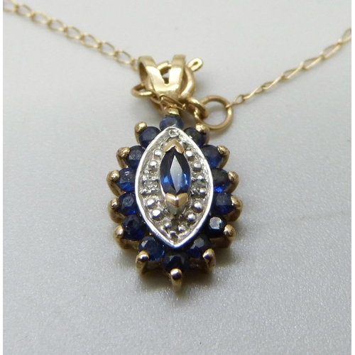 933 - A 9ct gold, sapphire and diamond pendant an a fine 9ct gold chain, 1.4g