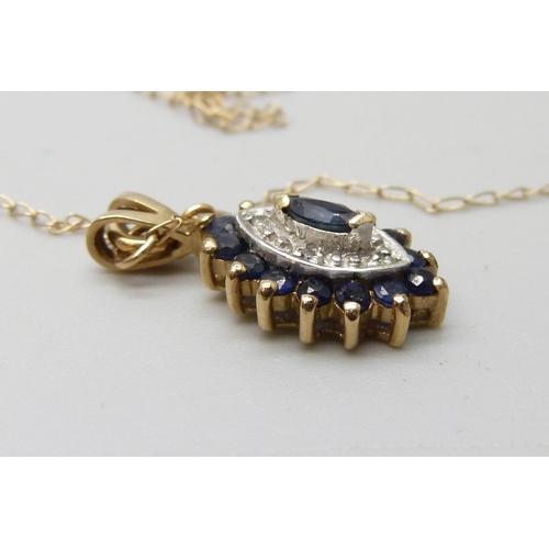 933 - A 9ct gold, sapphire and diamond pendant an a fine 9ct gold chain, 1.4g